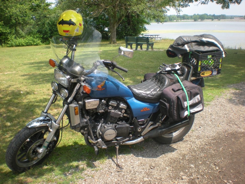 Honda Magna V65 with saddle bags and crate at Mosquito Lake.