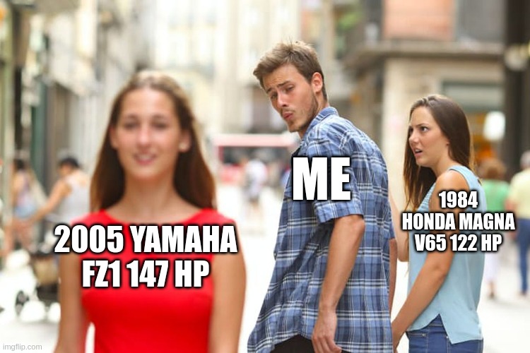 Motorcycle meme of Yamaha FZ1 (yammie) and Honda Magna v65 (maggie)