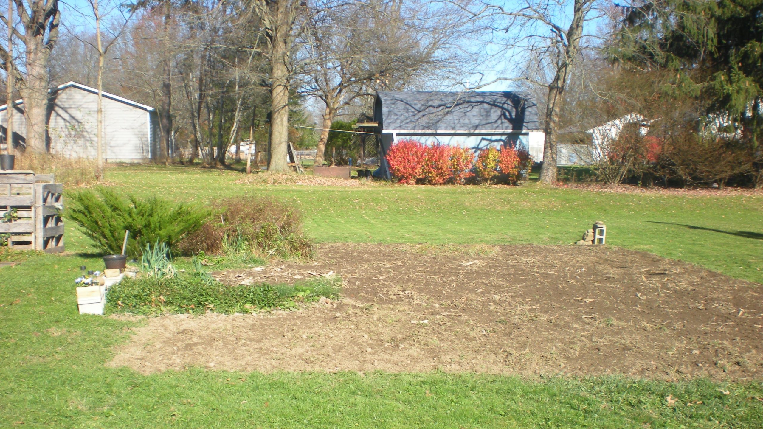 Garden after being ploughed in the second week of November, after the harvest. It is 25ft by 40ft (1,000 square feet). The ploughman (that is I) used six horses (Troy Bilt Horse Roto Tiller).