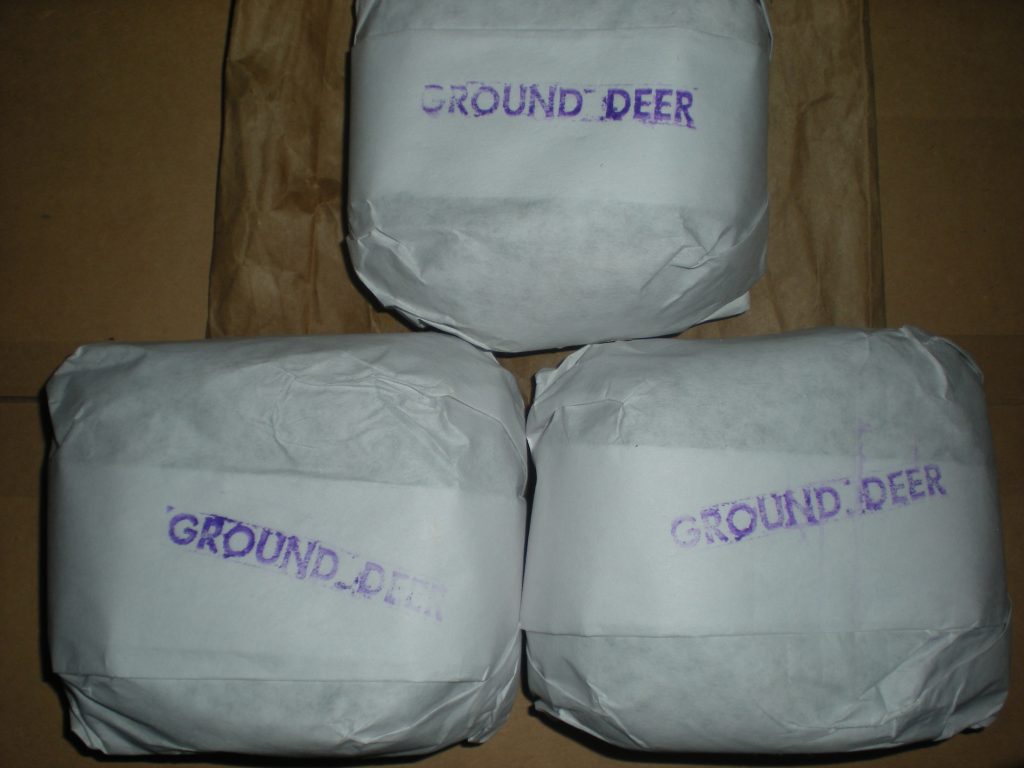 Packaged ground deer meat harvested during first week of bow deer hunting season in Ohio.