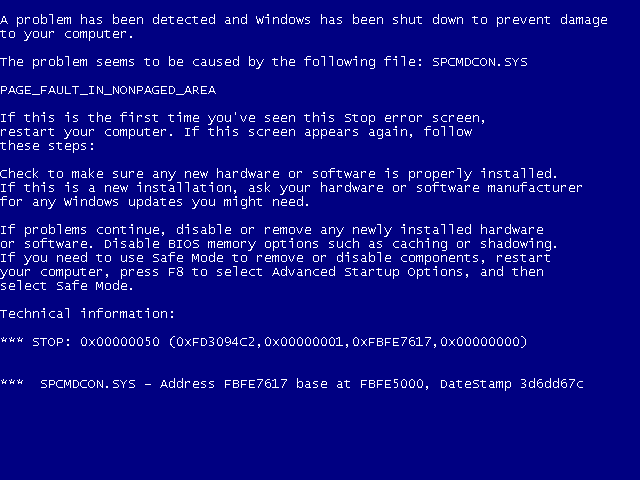 The output displayed in a Blue Screen of Death from the Windows XP operating system.
