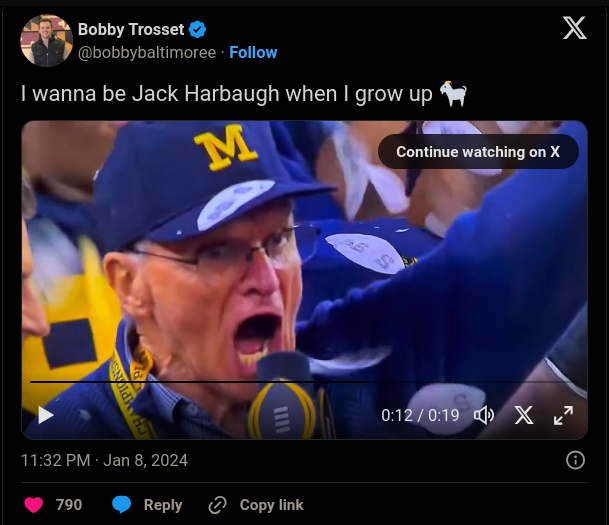 Video/image: Jack Harbaugh, Michigan's assistant head coach, asks the fans, "Who's got it better than us?!" after the Wolverines won the National Championship game against the Washington Huskies.