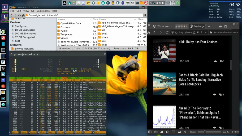 Screenshot of my MX Linux system on a 2014 Lenovo ThinkPad W540. Screenshot of my MX Linux system on a 2014 Lenovo ThinkPad W540. It has Thunar (file manager), Rox command terminal, Vivaldi browser, and a conky displayed.