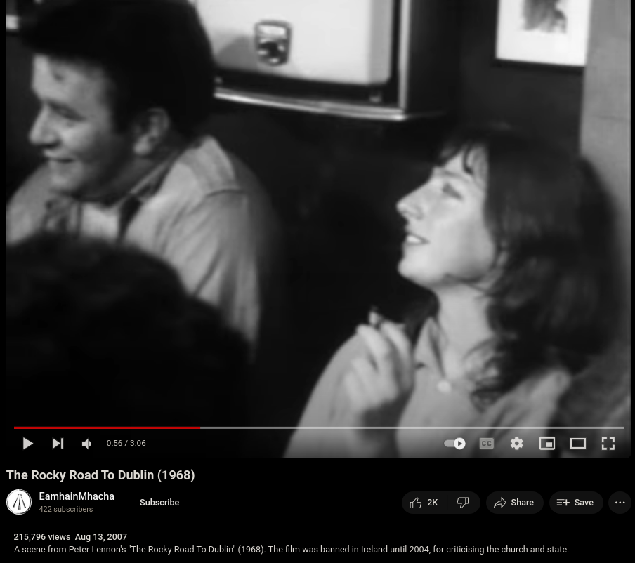 Youtube snapshot of Ted McKenna singing the song "The Rocky Road to Dublin" in 1968.
