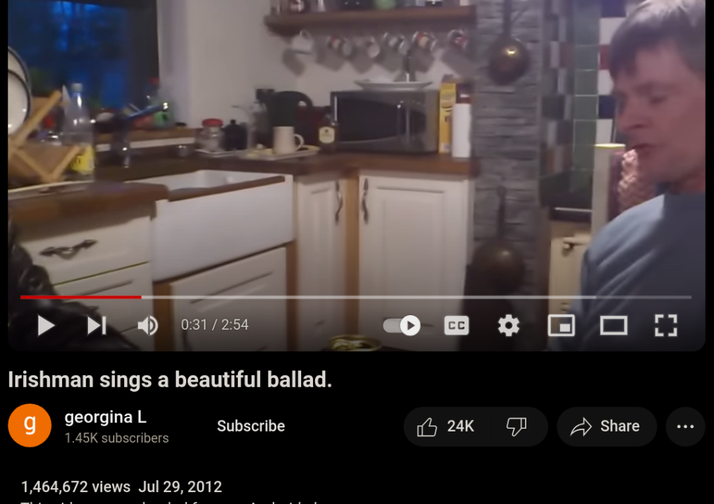 Snapshot of youtube video of an Irishman singing a beautiful ballad. 
