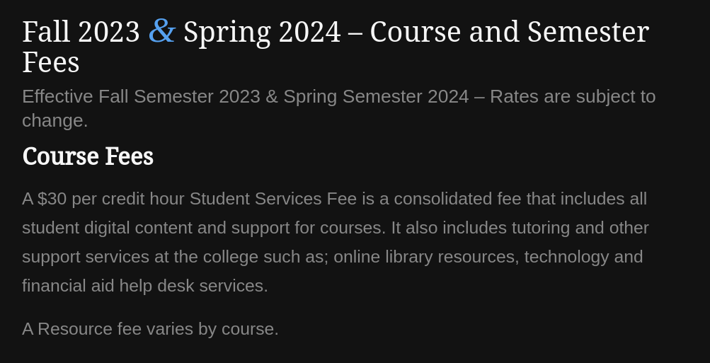 Eastern Gateway Community College – tuition and fees 2024: Student Services Fee.