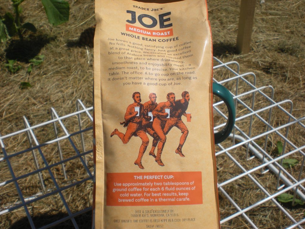 Image of back of bag of Trader Joe's "Joe" medium roast coffee.