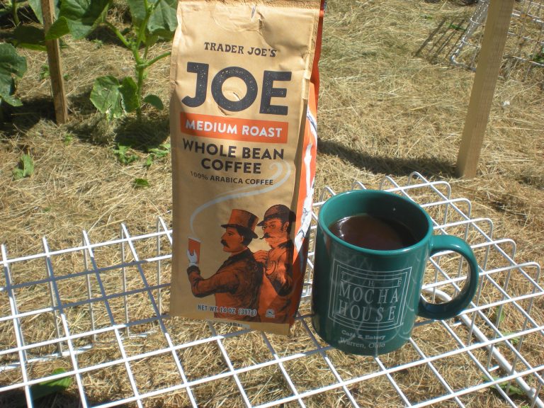 A Trader Joe’s “Joe” medium roast coffee bag pictured in garden with a cup of brewed coffee in a Mocha House (Warren, Ohio) mug.