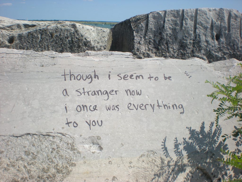 Poem written on rock by trail leading to Fairport Harbor West Breakwater lighthouse.