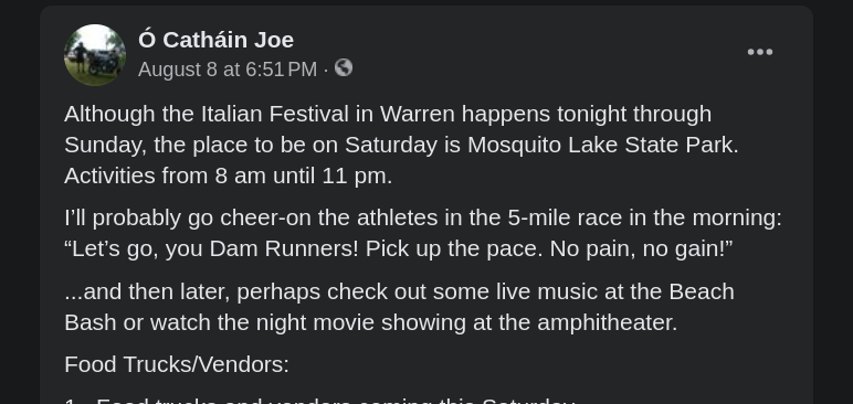 Joe's Facebook post about the Italian Festival in Warren, Ohio and the activities at Mosquito Lake State Park, including the Beach Bash and Dam Race.