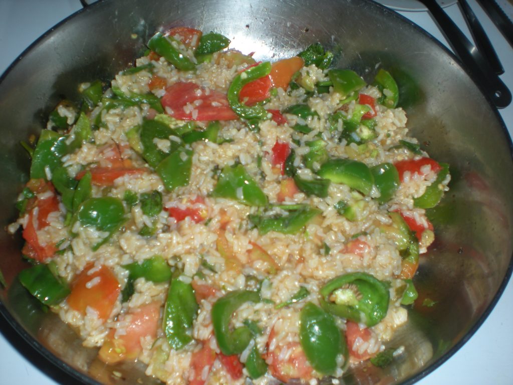 A Victory Garden Meal of rice, veggies, and herbs fried in lard.