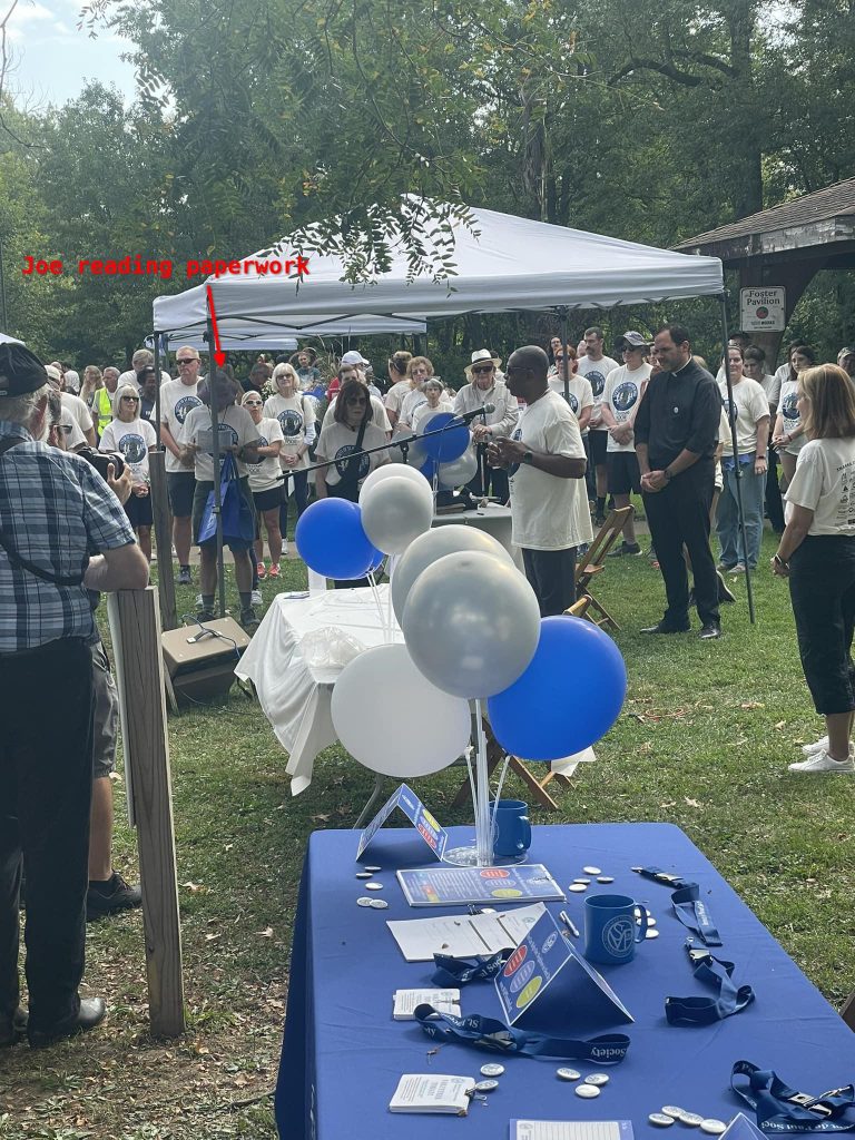 The Mayor speaks prior to the prayer and Walk/Run at Perkins Park: Friends of the Poor Walk/Run: Society of St. Vincent de Paul of Trumbull County.