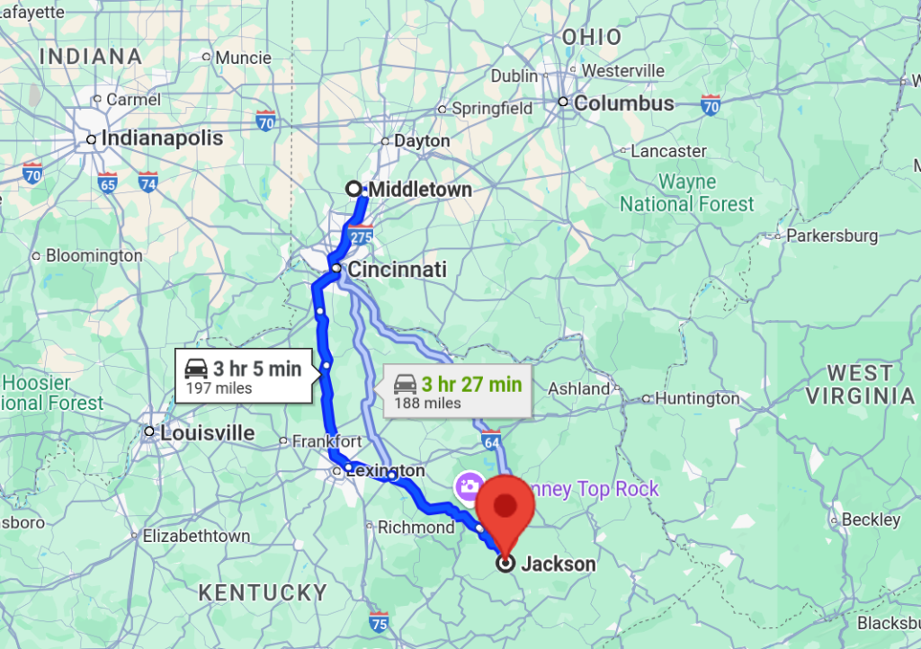 Map showing the distance between Middletown, Ohio and Jackson, Kentucky.