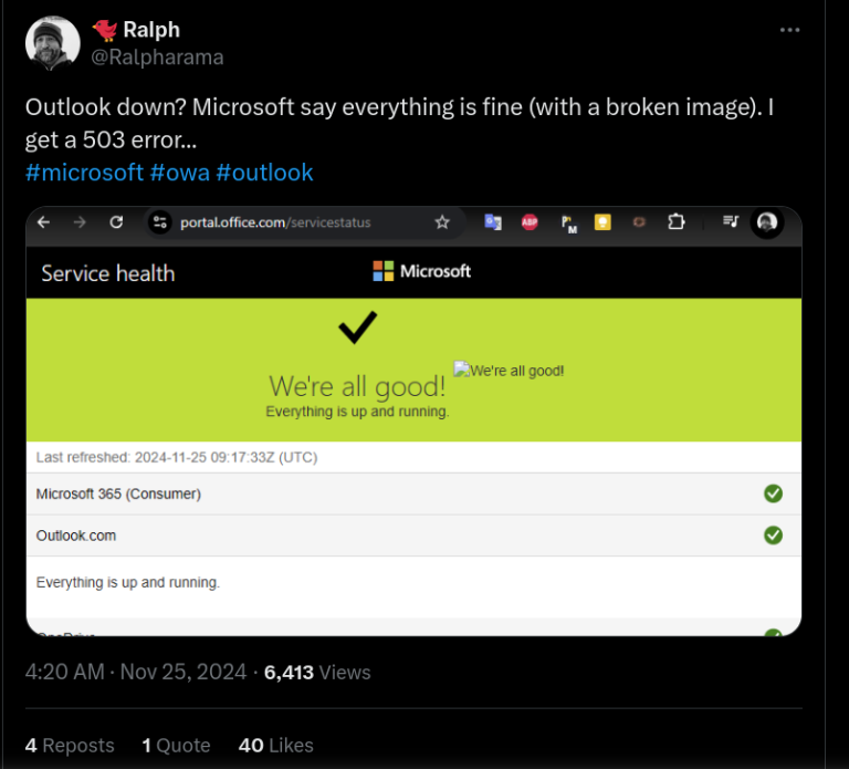 Twitter/X post by @Ralpharama regarding Microsoft’s online outage for its products and services.