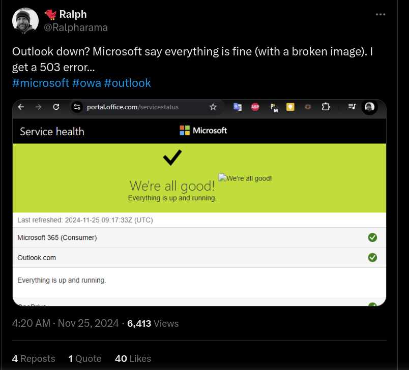 Social media (X/twitter) post by @ralpharama showing a broken image by Microsoft regarding its online services outage