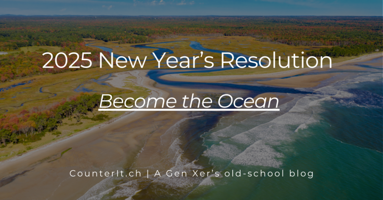 Cover Image showing a landscape with an estuary: a river flowing into the ocean. It represents my 2025 New Year's Resolution to "Become the Ocean," which is a reference to the poem, "Fear," by Khalil Gibran.