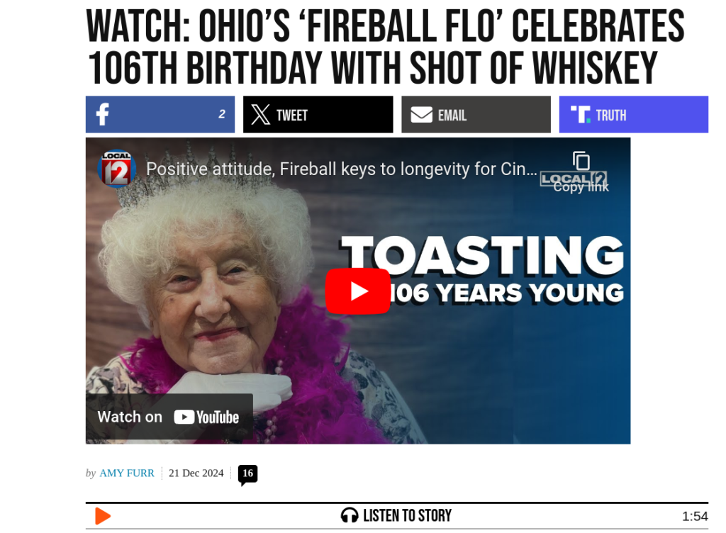 Image of Florence Hackman (aka “Fireball Flo”), an Ohioan who recently celebrated her 106th birthday with a shot of Fireball Whiskey.