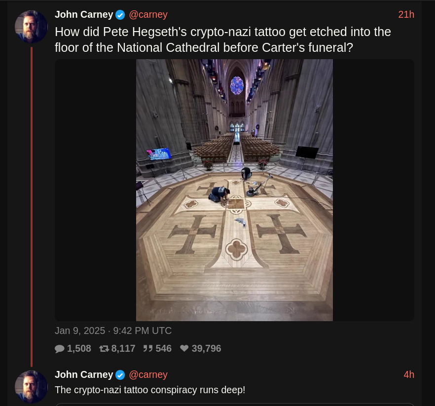 Twitter/X tweet by John Carney showing the Christian Jerusalem Cross on the floor of the Washington National Cathedral.