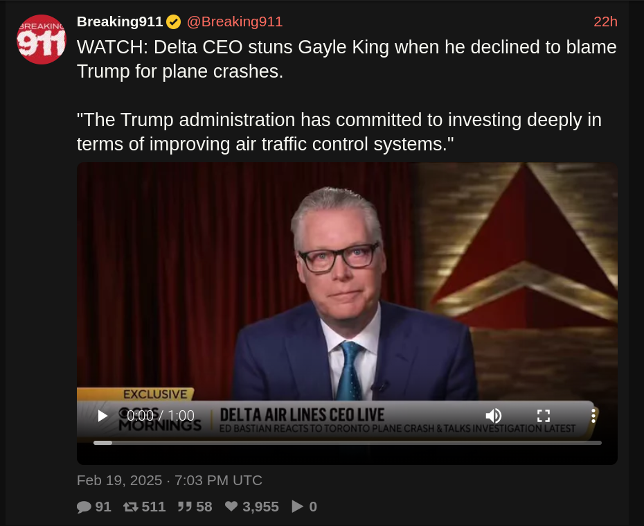 Delta CEO stuns Gayle King when he declined to blame Trump for plane crashes."The Trump administration has committed to investing deeply in terms of improving air traffic control systems."