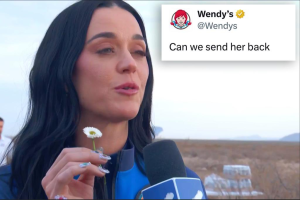 Image of Katy Perry after rocketship trip adventure and Wendy's tweet.