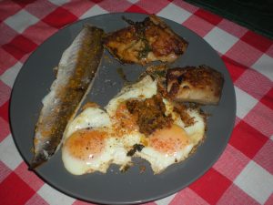 A variant of my typical Big Beautiful Breakfast: White Fish, Pork Tenderloin (leftovers), and Eggs.