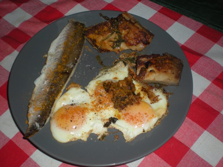 Razin’ Kane’s Big Beautiful Breakfast A variant of my typical Big Beautiful Breakfast: White Fish, Pork Tenderloin (leftovers), and Eggs.