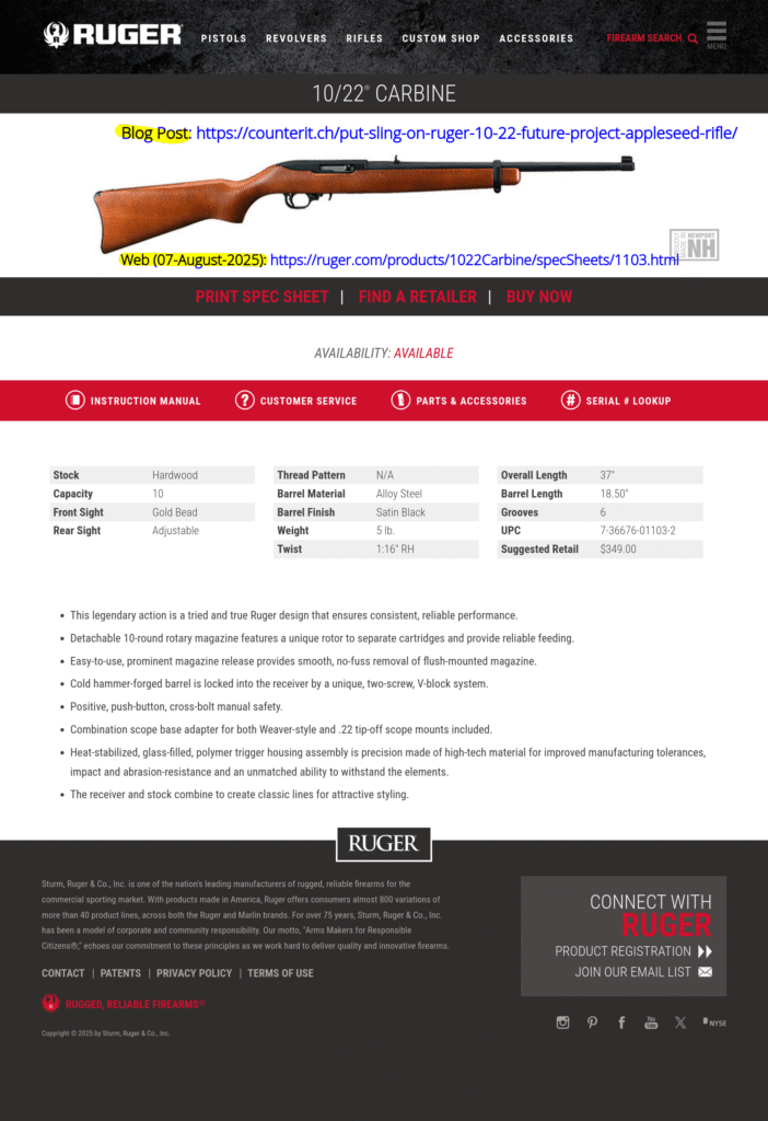 Ruger 10/22 Carbine Model 1103 Rifle Spec Sheet (August 2025) Ruger 10/22 Carbine Model 1103 Rifle Spec Sheet (August 2025)