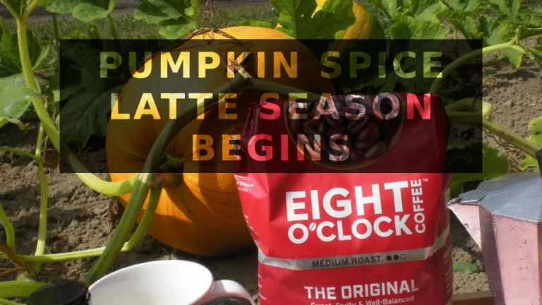 It's Pumpkin Spice Latte Season at Joey MAGA's Homestead Image of pumpkin in garden with bag of Eight O’Clock Coffee to make Pumpkin Spice Latte