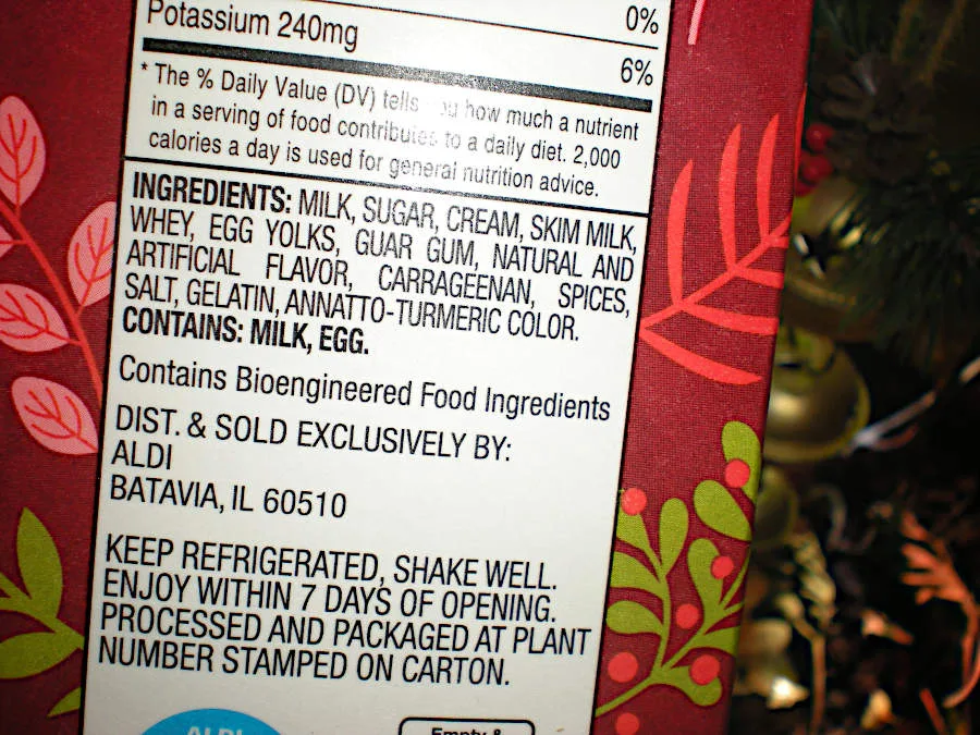 Ingredients of holiday eggnog from ALDI to make coffee pre-workout.
