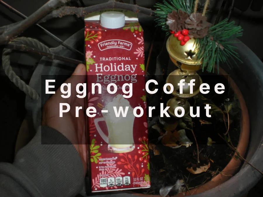 Joey AF's holiday eggnog to make eggnog coffee pre-workout. My fig tree, decorated for Christmas, is in the background.