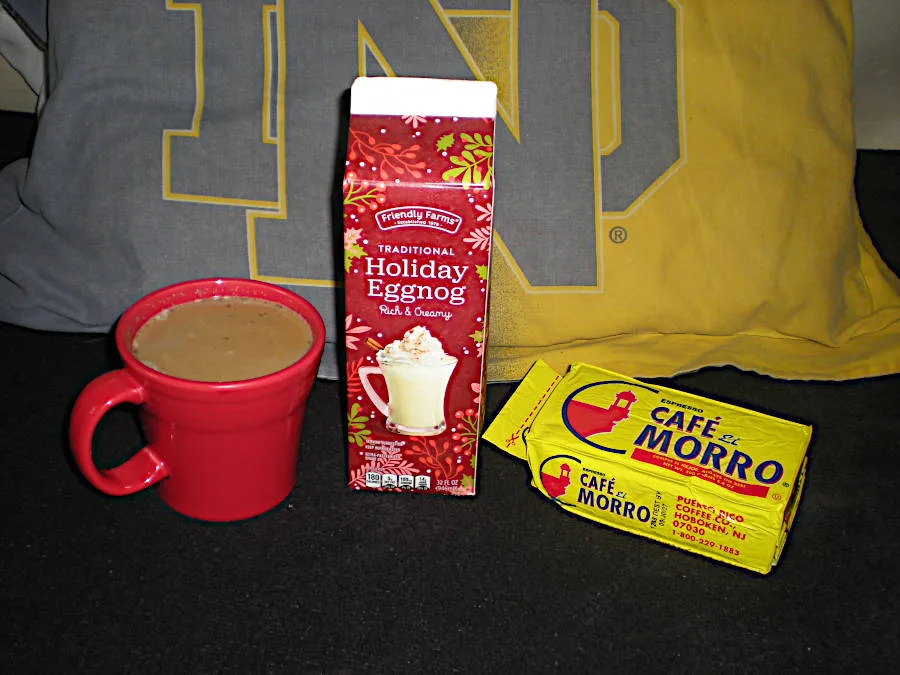 Eggnog Coffee Pre-workout next to holiday eggnog and coffee packages.