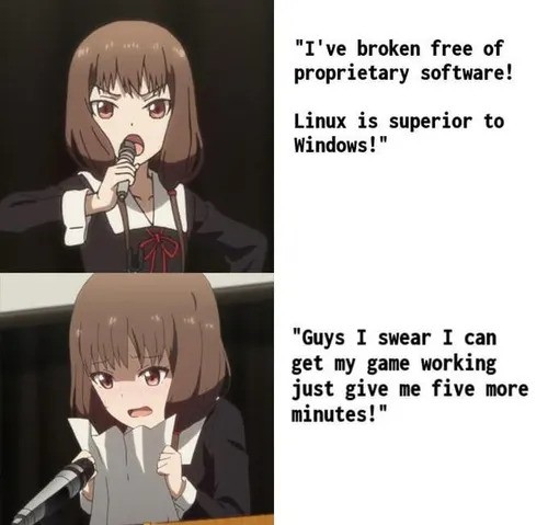 Linux meme: How it feels to be a newbie gamer on Linux. Linux meme. "I've broken free of proprietary software! Linux is superior to Windows!"
