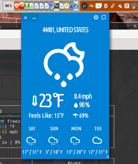 Typhoon weather widget invoked in MX Linux. Typhoon weather widget invoked in MX Linux.