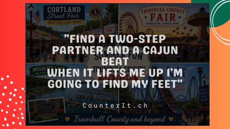 Cover image for the CounterIt.ch publication concerning the 2026 Cortland Street Fair and other events in Trumbull County, Ohio for summer fun. It includes a line from the Mary Chapin Carpenter song, “Down at the Twist and Shout”: Find a two-step partner and a Cajun beat When it lifts me up I'm going to find my feet.