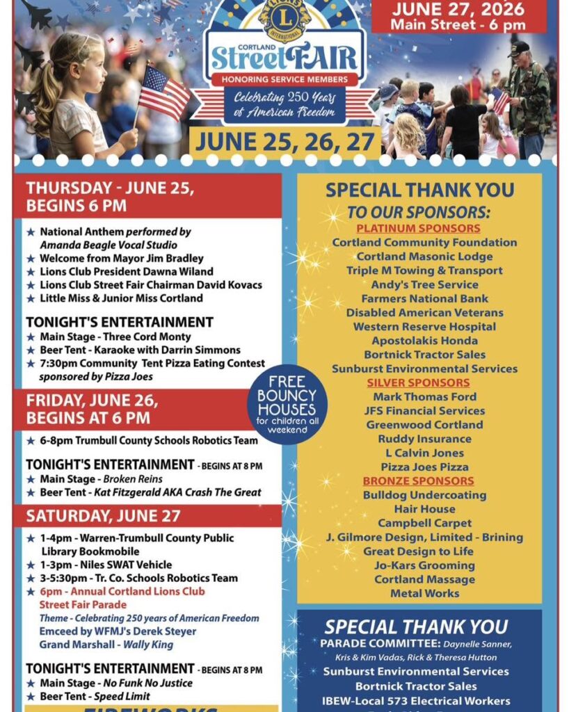 Cortland, Ohio 2026 Street Fair Itinerary by TheCortlandNews.com.