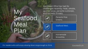 My Seafood Meal Plan. Northeast Ohio has had it challenging recently: heat, smoke, spoiled soup, parasite outbreak, and tornado threats. * Parasite-free Greens. * Seafood Meal. * Homemade Smoothie. For readers who still enjoy slowing down long enough to think. CounterIt.ch
