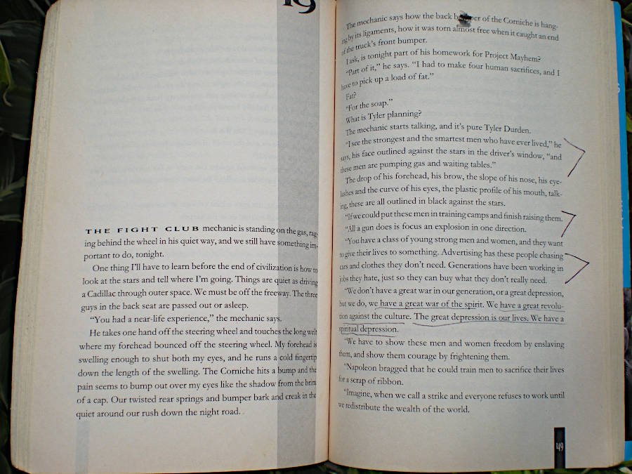 Image of the first two pages of "Fight Club" by Chuck Palahniuk. Quotes are marked and underlined.
