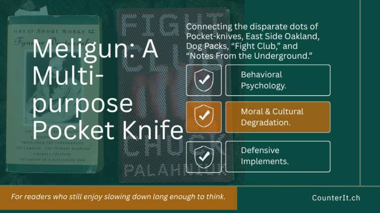 Cover image for Meligun MG-22: A Multipurpose Pocket Knife. Connecting the disparate dots of Pocket-Knives, East Side Oakland, Dog Packs, "Fight Club," and "Notes From the Underground." * Behavioral Psychology * Moral & Cultural Degradation * Defensive Implements
