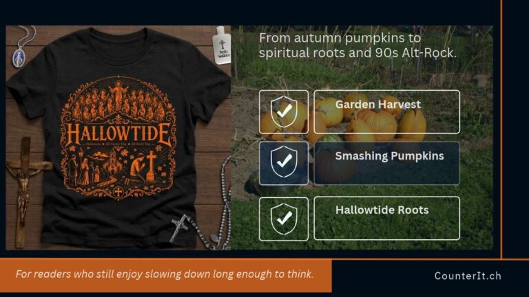 Pumpkin Harvest to Cherub Rock: A Halloween Reflection on Music, Literature, and Faith Cover image for a Halloween blog post featuring a backyard pumpkin harvest, 90s alt-rock themes, and Catholic Hallowtide traditions.